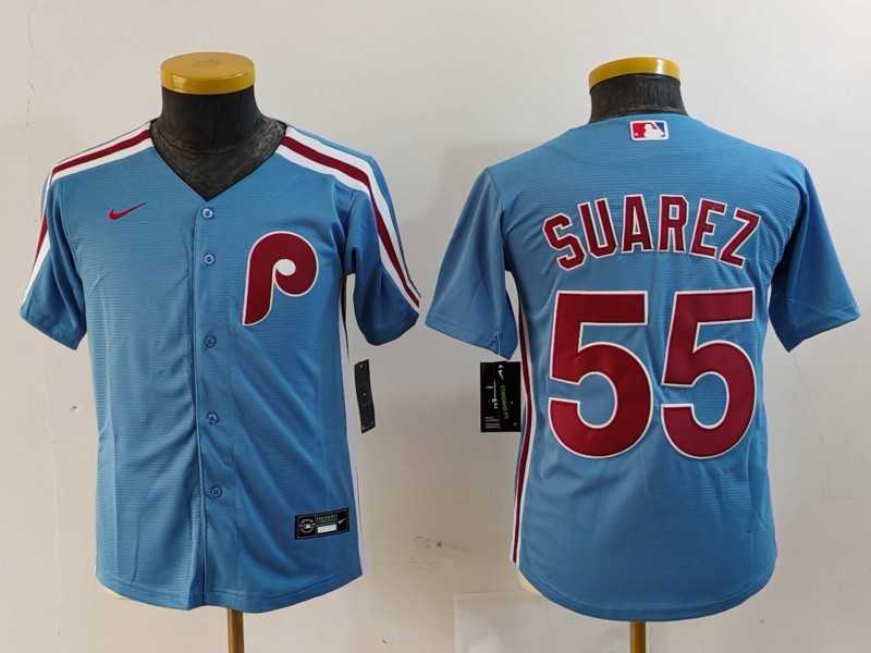 Youth Philadelphia Phillies #55 Ranger Suarez Light Blue Cooperstown Cool Base Jersey,We sell and wholesale Youth Philadelphia Phillies #55 Ranger Suarez Light Blue Cooperstown Cool Base Jersey on line form chian!